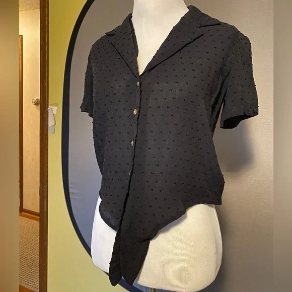 Black Polka Dot Crop Blouse with Black Tie Front and Buttons Size XS - Picture 9 of 11